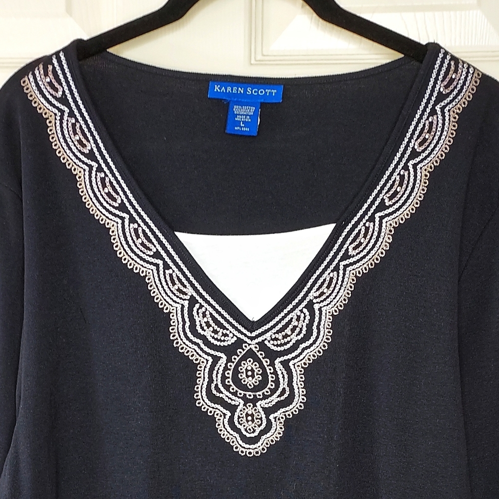 Karen Scott Black Embroidered Tribal Design 3/4 Sleeve Bib Top Size Large - Picture 2 of 6